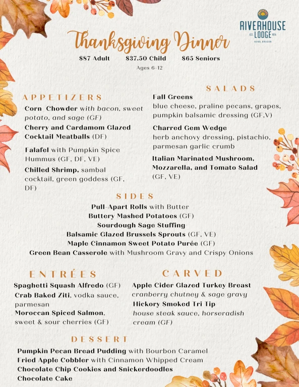 Thanksgiving dinner menu with appetizers, salads, sides, entrées, carved options, and desserts. Prices: $67/adult, $27.50/child.