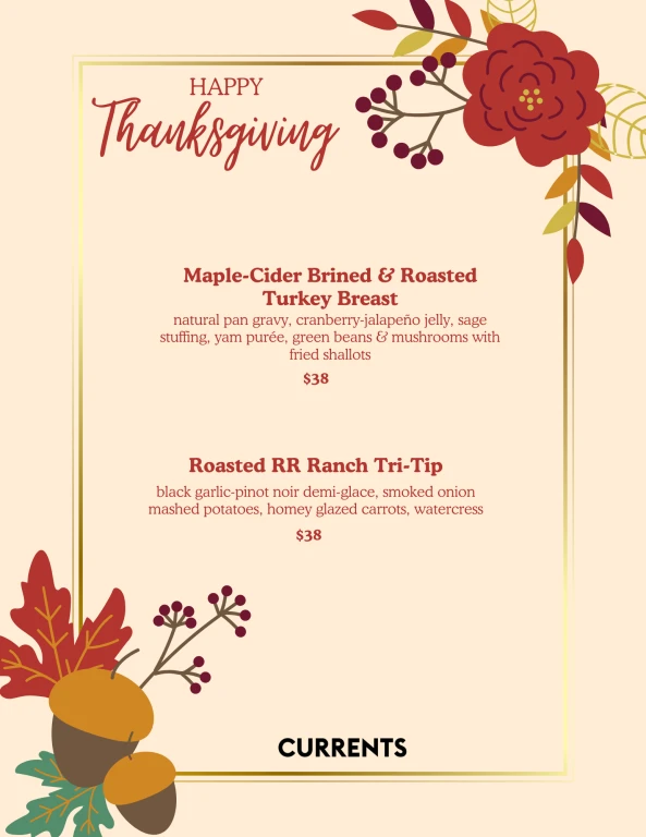 Thanksgiving menu featuring Maple-Cider Brined Turkey and Roasted Tri-Tip, with festive floral and acorn decorations on a beige background.