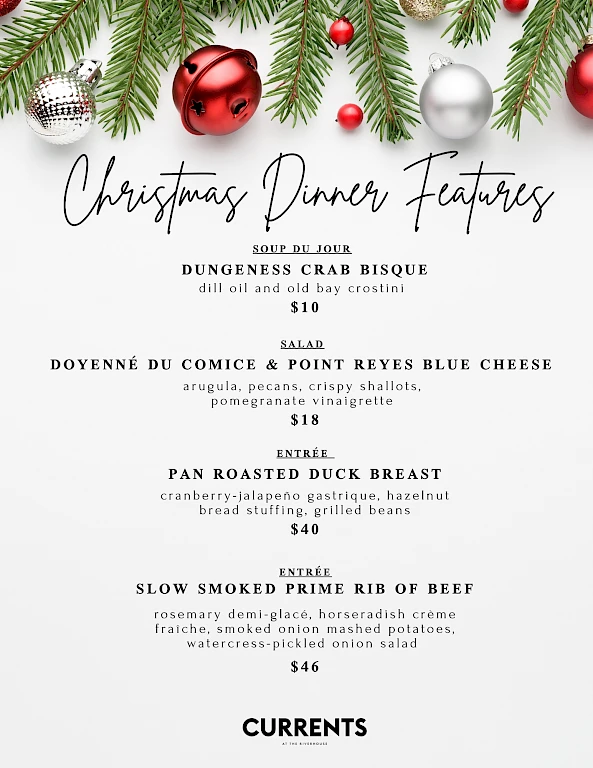 Christmas dinner menu featuring crab bisque, a pear salad, duck breast, and prime rib of beef, with festive decor.