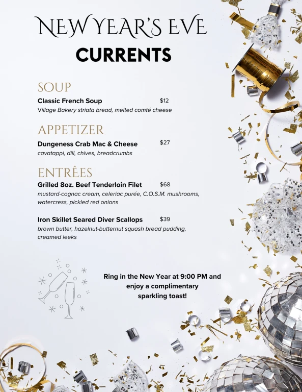 New Year's Eve menu featuring soup, appetizer, and entrees like beef tenderloin and scallops. Includes a sparkling toast.