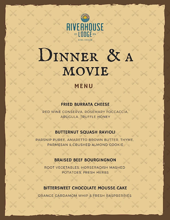 Menu titled "Dinner & a Movie" with dishes like fried burrata cheese, butternut squash ravioli, braised beef bourguignon, and mousse cake.