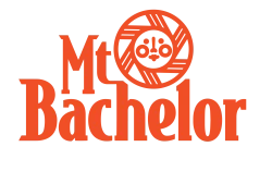 The image shows the logo for Mt. Bachelor, featuring stylized mountain elements in orange text.